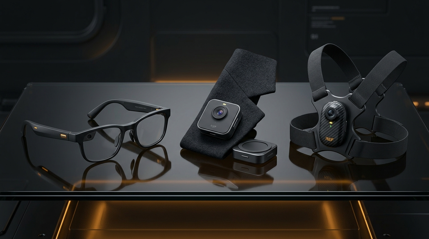 Tre form factor indossabili: occhiali smart economici a sinistra, mini bodycam magnetica al centro, e RefCam Serie A con pettorina a destra