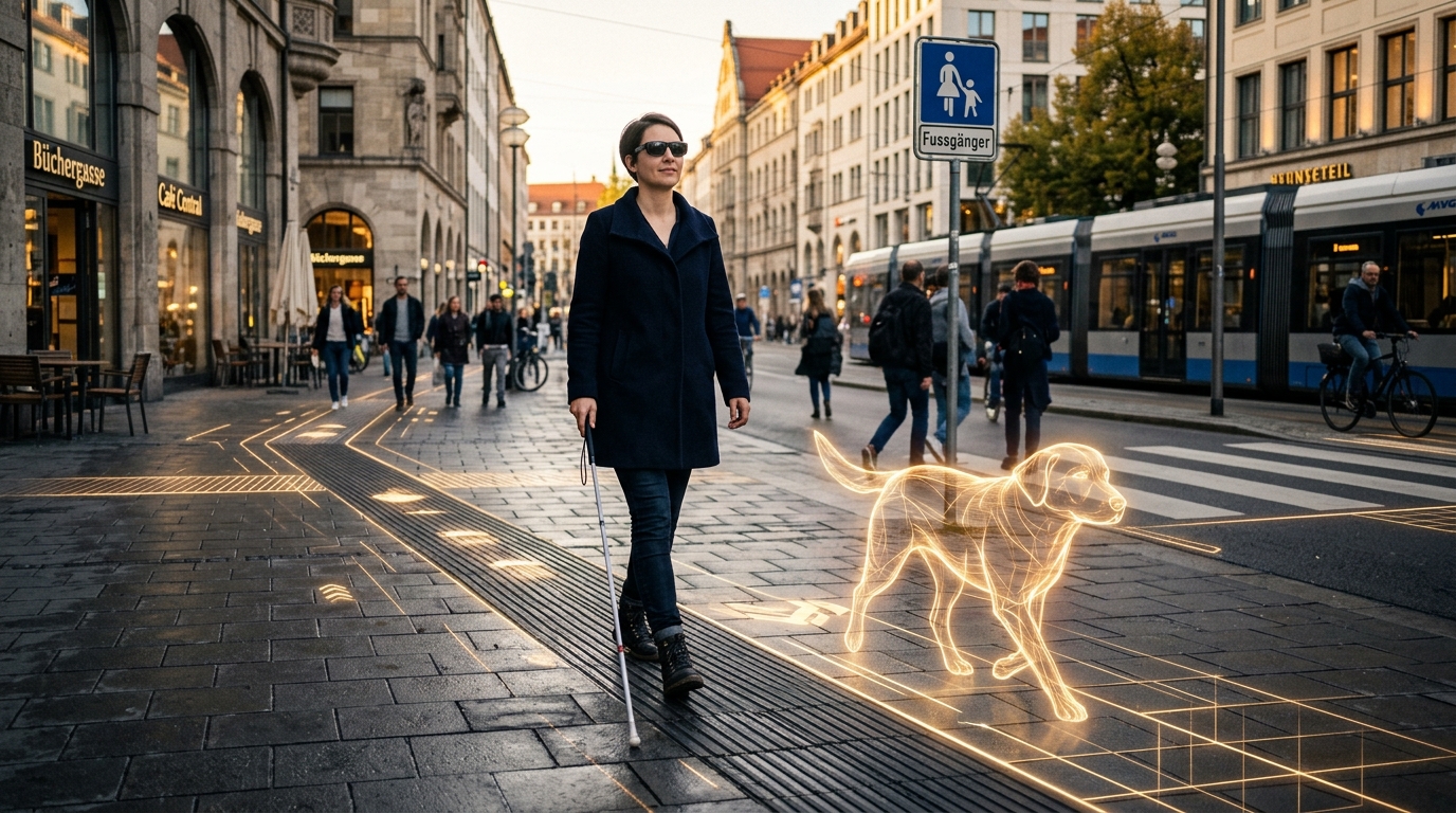 Persona non vedente con bastone bianco e smart glasses che cammina sicura su percorso tattile, affiancata dalla sagoma olografica dorata di un cane guida digitale che illumina la via